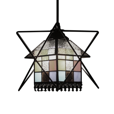 Multicolored House Suspension Light Tiffany Stained Glass 1 Light Drop Light with Iron Frame