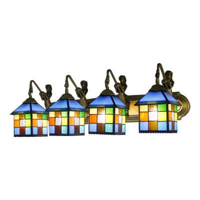 Multicolored Lantern Shade Sconce Light Tiffany Style Stained Glass 4 Heads Wall Lamp