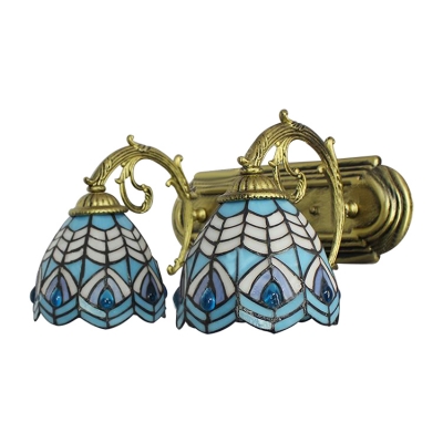 Nautical Tiffany Dome Wall Sconce Stained Glass 2 Bulbs Wall Mount Fixture in Aqua