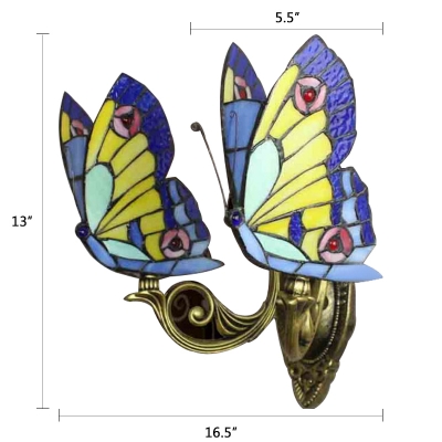 Stained Glass Butterfly Wall Lamp Tiffany Style Handcrafted 2 Heads Wall Light in Navy Blue