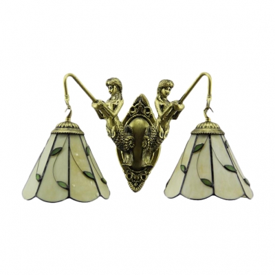 Tiffany Style Green Leaves Wall Sconce with Belle Supported, Double Light