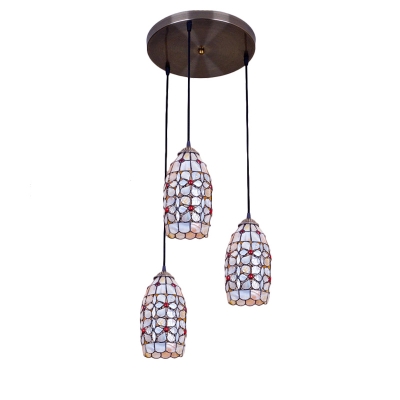 Triple Head Oval Pendant Lamp Tiffany Style Shelly Suspended Light with Metal Base
