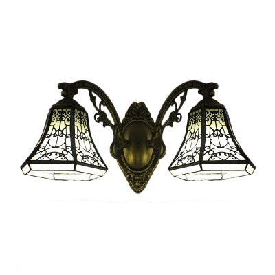 Vintage Tiffany Iron Fence Stained Glass Shade Wall Sconce in Historic Bronze Finish, 2 Light