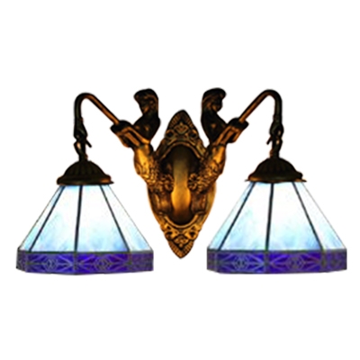 2 Heads Geometric Wall Sconce Tiffany Style Beige/Blue Glass Lighting Fixture with Mermaid