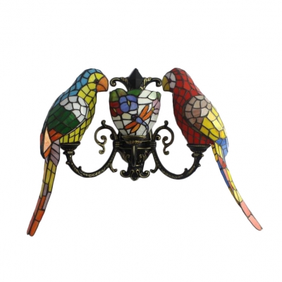 22-Inch Wide Tiffany Style Three Light Wall Sconce with Parrot Shaped Shade, Multicolored
