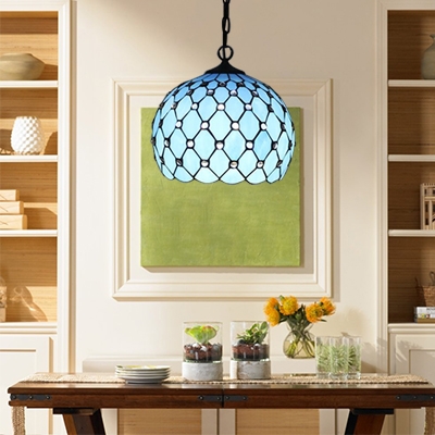 Orb Pendant Light Tiffany Style Stained Glass 1 Light Suspended Lamp in Beige/Blue