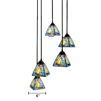 5 Lights Sailboat Pendant Light Nautical Tiffany Blue Glass Art Deco Hanging Lamp for Living Room