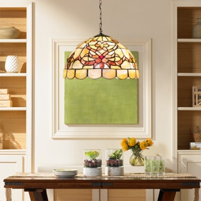 Beige Floral Shelly Suspension Light Tiffany Style Stained Glass Triple Head Lighting Fixture