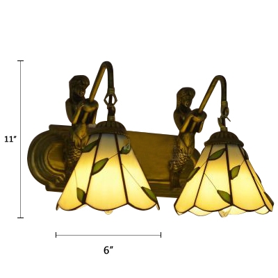 Beige Leaf Style Sconce Light Tiffany Style Stained Glass 2 Heads Wall Lighting for Corridor