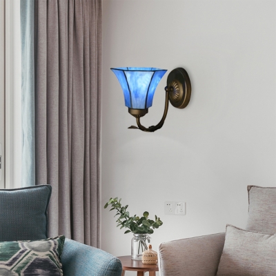 Blue Flower Shade Tiffany Wall Sconce Complemented by Wrought Iron Base