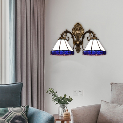 Blue Geometric Wall Mount Light Tiffany Nautical Stained Glass 2 Light Wall Sconce