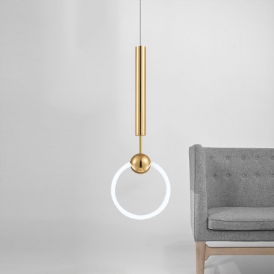 Brass Finish Ring LED Pendant Lights Post Modern Metal Single Light Hanging Fixture for Bedroom Restaurant