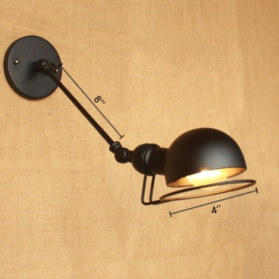 Dome Wall Light Fixture Loft Style Rotatable Metal Single Bulb Wall Sconce in Black
