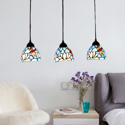 Dragonfly and Flower Drop Light Tiffany Style Stained Glass Triple Hanging Lamp in Blue/White