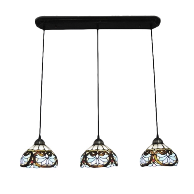 Multicolored Dome Pendant Light Victorian Vintage Stained Glass 3 Heads Art Deco Hanging Lamp