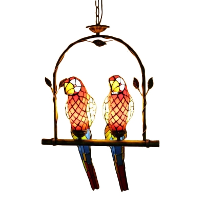 Stained Glass Parrot Suspended Light Tiffany Style 2 Heads Pendant Light with Arch Shelf