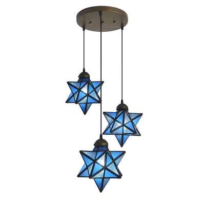 Star Ceiling Pendant Light Tiffany Modern Blue Glass Triple Hanging Lamp for Children Room