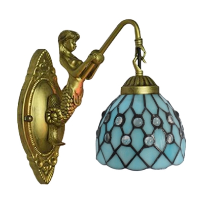 Tiffany Loft Beige/Blue/Green/Purple Dome Pattern Glass Shade Wall Sconce with Mermaid Lamp Backplate