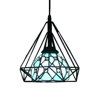 Tiffany Modern Jeweled Hanging Lamp Blue/White Glass Pendant Light with Diamond Cage