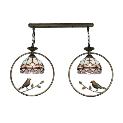 Tiffany Nautical Dome Hanging Light with Birds Stained Glass 2 Lights Pendant Light for Bedroom