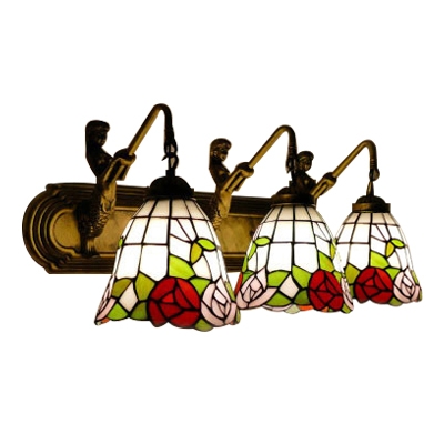 Triple Light Rosebud Wall Sconce Tiffany Style Stained Glass Accent Wall Lamp in Red