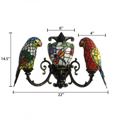 22-Inch Wide Tiffany Style Three Light Wall Sconce with Parrot Shaped Shade, Multicolored