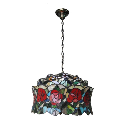Adjustable Rose Drop Light Tiffany Style Lodge Glass 3 Light Pendant Light in Multi Color