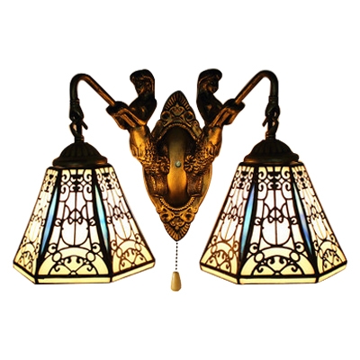 Bell Wall Mount Fixture Tiffany Style Stained Glass 2 Bulbs Pull Chain Wall Light in Brass