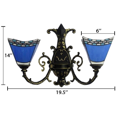 Blue Mediterranean Tiffany-Style Inverted Double Light Hallway Sconce