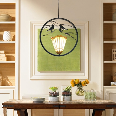 Craftsman Tiffany Geometric Drop Light Amber Glass 1 Bulb Lighting Fixture with 2 Birds