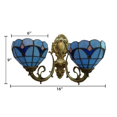 Dome Shaped 2 Light Double Wall Sconce with Tulip Theme Stained Glass Shade in Blue/Clear, Tiffany Style