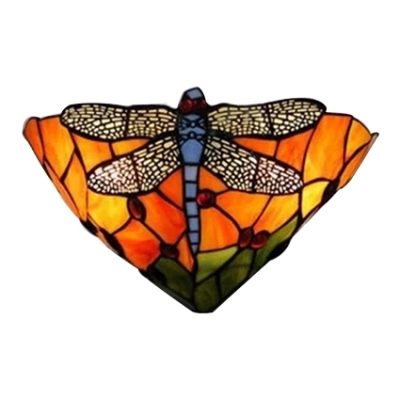 Gorgeous Dragonfly Orange/Blue Stained Glass Shade Hallway Two Light Wall Sconce, 12