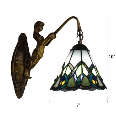 Mermaid Wall Sconce Features beautiful Peacock Tail Pattern Tiffany Glass Shade