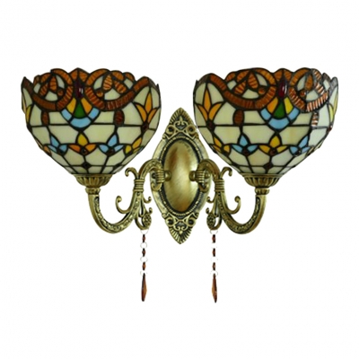 Multicolor Bowl Lighting Fixture Victorian Stained Glass 2 Heads Wall Sconce for Balcony