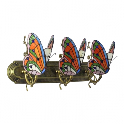 Multicolored Butterfly Wall Light Tiffany Style Stained Glass 3 Heads Wall Mount Fixture for Corridor