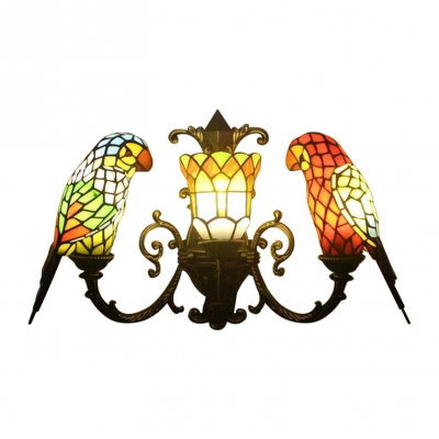 Parrot Wall Light Tiffany Country Style Stained Glass 3 Light Wall Mount Fixture in Multicolor
