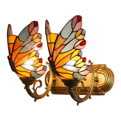 Stained Glass Butterfly Wall Sconce Tiffany Style Double Lights Wall Light Fixture in Yellow