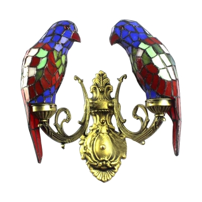 Stained Glass Parrot Wall Light Tiffany Style 2 Heads Accent Sconce Lighting in Navy Blue
