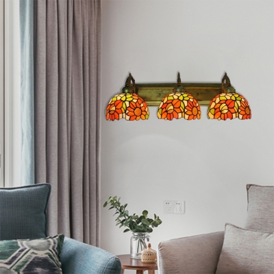 Sunflower Lighting Fixture Tiffany Country Style Stained Glass Triple Wall Light with Curved Arm