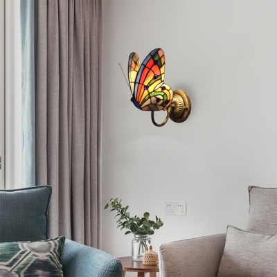 Tiffany Style Bronze Backplate Butterfly Design Single Light Wall Sconce