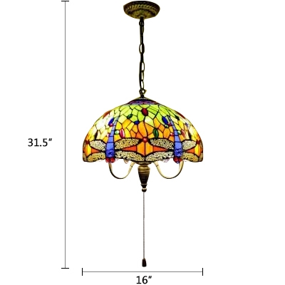 Tiffany Style Dragonfly Pendant Light Glass Triple Light Pull Chain Drop Light in Multi Color
