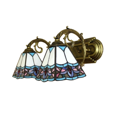 Vintage Tiffany White&Blue Stained Glass Shade Wall Sconce, 2 Light