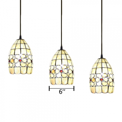 3 Lights Floral Drop Light Tiffany Retro Style Adjustable Shelly Pendant Light in Beige