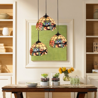 3 Lights Parrot Design Suspended Light Vintage Stained Glass Lighting Fixture in Multicolor