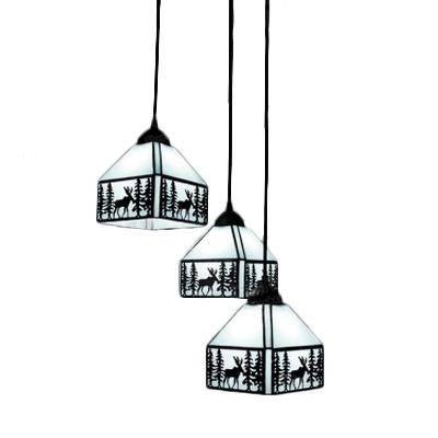 Aqua Elk Ceiling Pendant Lamp Tiffany Lodge Style Stained Glass 3 Lights Pendant Light