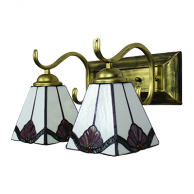 Brass Finish Trapezoid Wall Lighting Tiffany Style Stained Glass 2 Heads Wall Mount Fixture
