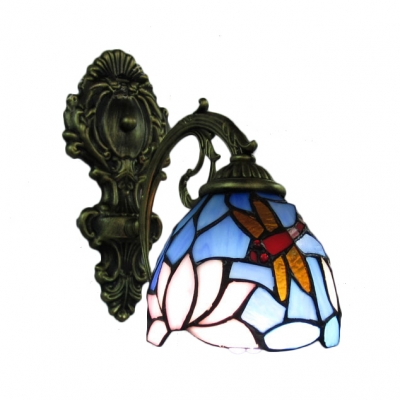 

Dragonfly and Flower Wall Sconce Tiffany Style Stained Glass Wall Lamp in Antique Brass, HL491601