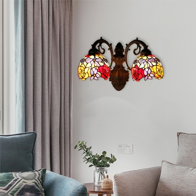 Flower Pattern Wall Mount Fixture Vintage Stained Glass Double Heads Wall Lamp in Multi Color