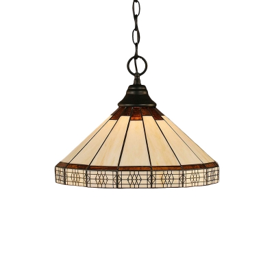 Geometric Chain Hung Pendant Light Mission Craftsman Stained Glass Drop Light in Beige
