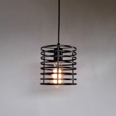 Industrial Cylinder Cage Suspended Light Iron Hanging Lamp in Black/White for Sitting Room